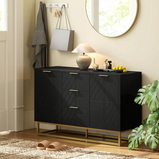Aparador para Salón con 3 Cajones 2 Puertas y Estante Ajustable Mueble Auxiliar para Salón Antivuelco 120x40x76 cm Negro [6]