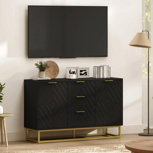 Aparador para Salón con 3 Cajones 2 Puertas y Estante Ajustable Mueble Auxiliar para Salón Antivuelco 120x40x76 cm Negro [7]