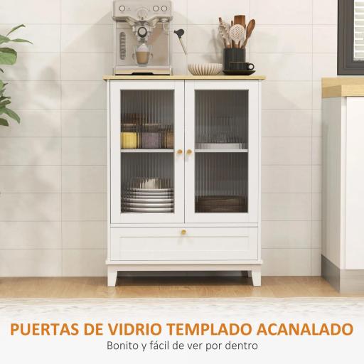 Aparador de Salón con Cajón y Estante Ajustable Aparador de 2 Puertas de Vidrio 68x35x85 cm Blanco y Roble [5]