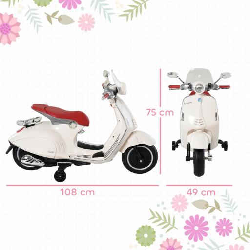 Moto de Batería Autorizada de VESPA con Faros Música 2 Ruedas Auxiliares 108x49x75 cm Blanco [4]