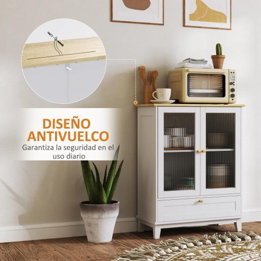 Aparador de Salón con Cajón y Estante Ajustable Aparador de 2 Puertas de Vidrio 68x35x85 cm Blanco y Roble [3]