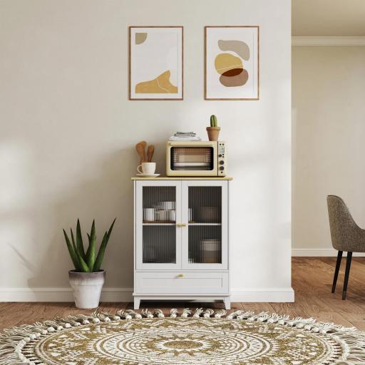 Aparador de Salón con Cajón y Estante Ajustable Aparador de 2 Puertas de Vidrio 68x35x85 cm Blanco y Roble [6]