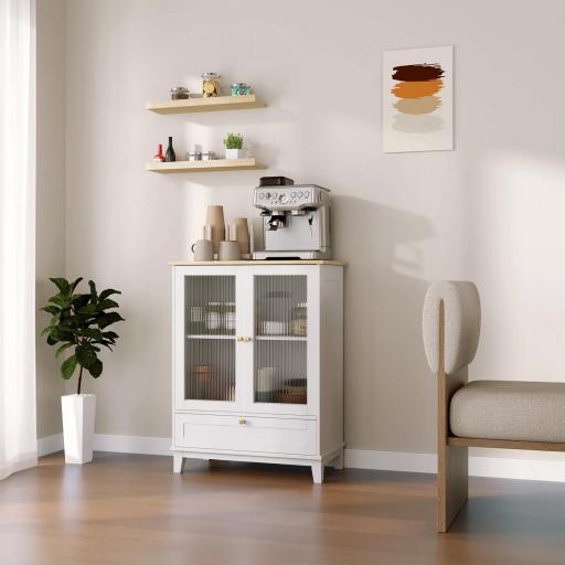 Aparador de Salón con Cajón y Estante Ajustable Aparador de 2 Puertas de Vidrio 68x35x85 cm Blanco y Roble [7]