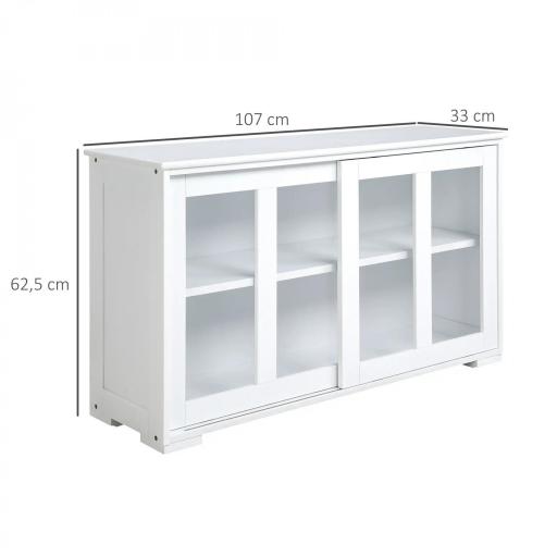 Aparador de Cocina Moderno Mueble Auxiliar con 2 Puertas Corredizas de Vidrio y Estante Ajustable 107x33x62,5 cm Blanco [1]