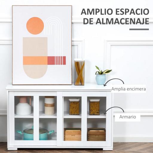 Aparador de Cocina Moderno Mueble Auxiliar con 2 Puertas Corredizas de Vidrio y Estante Ajustable 107x33x62,5 cm Blanco [3]