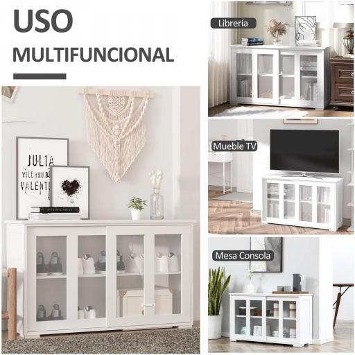 Aparador de Cocina Moderno Mueble Auxiliar con 2 Puertas Corredizas de Vidrio y Estante Ajustable 107x33x62,5 cm Blanco [6]