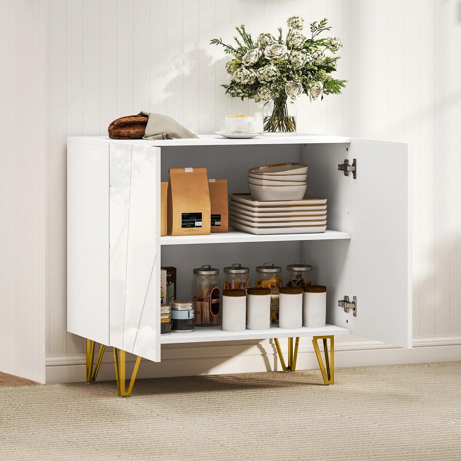 Aparador de Entrada con 2 Puertas y Estantes Ajustables para Cocina Sala 80x40x75 cm Blanco Brillo