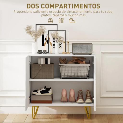 Aparador de Entrada con 2 Puertas y Estantes Ajustables para Cocina Sala 80x40x75 cm Blanco Brillo [3]