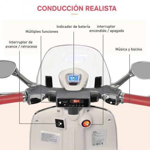 Moto de Batería Autorizada de VESPA con Faros Música 2 Ruedas Auxiliares 108x49x75 cm Blanco [3]