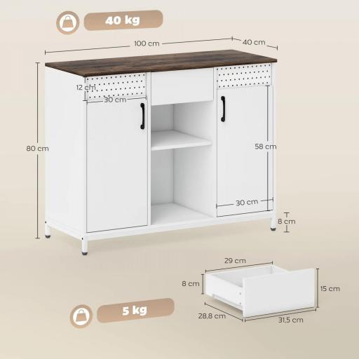 Aparador para Salón con 2 Puertas con Orificios Cajón Compartimentos Abiertos Estantes Ajustables 100x40x80 cm Blanco [1]