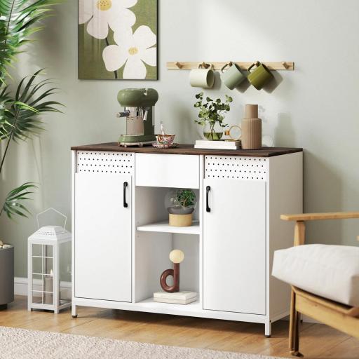 Aparador para Salón con 2 Puertas con Orificios Cajón Compartimentos Abiertos Estantes Ajustables 100x40x80 cm Blanco [2]