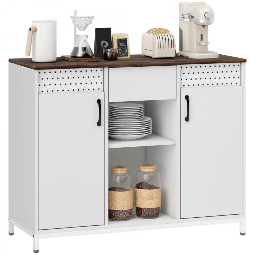 Aparador para Salón con 2 Puertas con Orificios Cajón Compartimentos Abiertos Estantes Ajustables 100x40x80 cm Blanco [7]