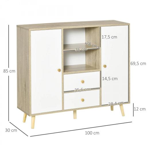 Aparador de Salón con 2 Puertas 2 Cajones y 2 Estantes Abiertos Mueble Auxiliar de Almacenaje para Cocina Recibidor 100x30x85 cm Blanco y Natural [1]