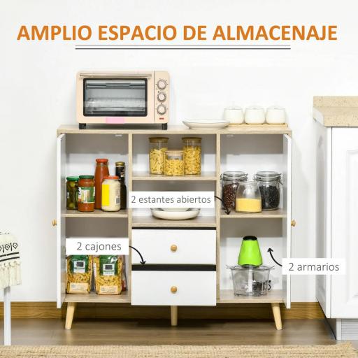 Aparador de Salón con 2 Puertas 2 Cajones y 2 Estantes Abiertos Mueble Auxiliar de Almacenaje para Cocina Recibidor 100x30x85 cm Blanco y Natural [2]
