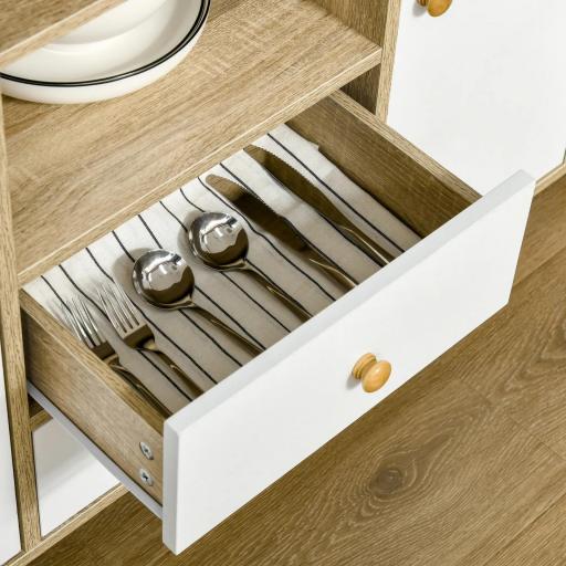 Aparador de Salón con 2 Puertas 2 Cajones y 2 Estantes Abiertos Mueble Auxiliar de Almacenaje para Cocina Recibidor 100x30x85 cm Blanco y Natural [6]