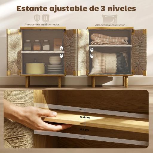 Aparador Bohemio de 2 Puertas con Cuerda Tejida a Mano Estante Ajustable Apertura por Presión Roble 60x40x78 cm [1]
