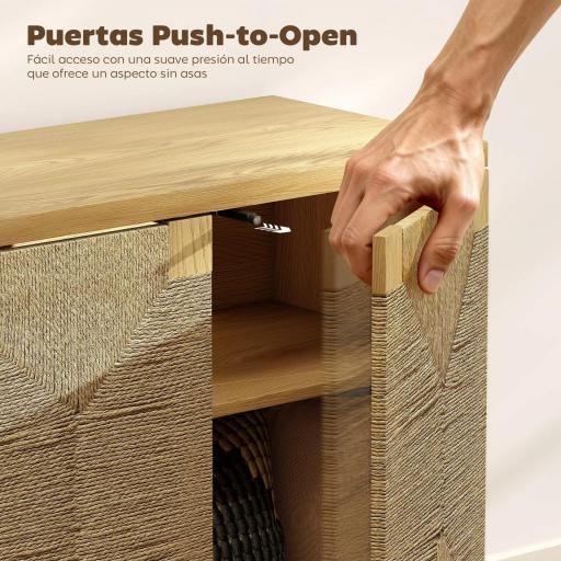 Aparador Bohemio de 2 Puertas con Cuerda Tejida a Mano Estante Ajustable Apertura por Presión Roble 60x40x78 cm [2]