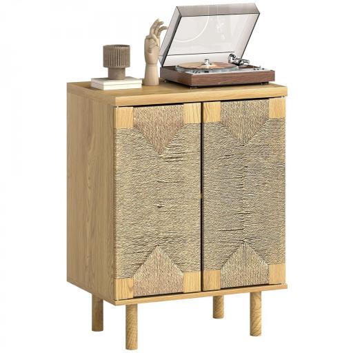 Aparador Bohemio de 2 Puertas con Cuerda Tejida a Mano Estante Ajustable Apertura por Presión Roble 60x40x78 cm [9]