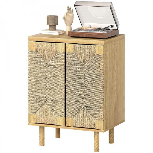 Aparador Bohemio de 2 Puertas con Cuerda Tejida a Mano Estante Ajustable Apertura por Presión Roble 60x40x78 cm [8]