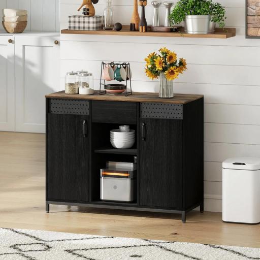 Aparador de 2 Puertas con Orificios 2 Compartimentos y Cajón Estantes Ajustables 100x40x80 cm Negro