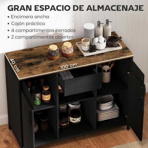 Aparador de 2 Puertas con Orificios 2 Compartimentos y Cajón Estantes Ajustables 100x40x80 cm Negro [3]
