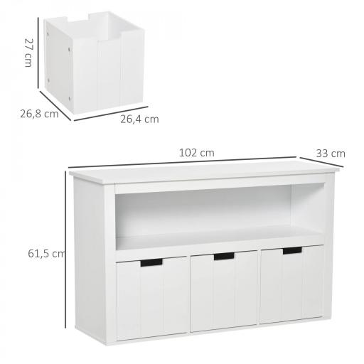 Aparador de Salón con 3 Cajones Extraíbles y Estantes Abiertos para Libros Juguetes Armario Auxiliar de Almacenamiento para Dormitorio Cocina 102x33x61,5 cm Blanco [1]