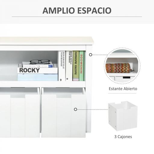 Aparador de Salón con 3 Cajones Extraíbles y Estantes Abiertos para Libros Juguetes Armario Auxiliar de Almacenamiento para Dormitorio Cocina 102x33x61,5 cm Blanco [3]