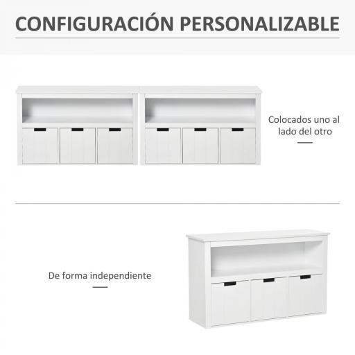 Aparador de Salón con 3 Cajones Extraíbles y Estantes Abiertos para Libros Juguetes Armario Auxiliar de Almacenamiento para Dormitorio Cocina 102x33x61,5 cm Blanco [2]