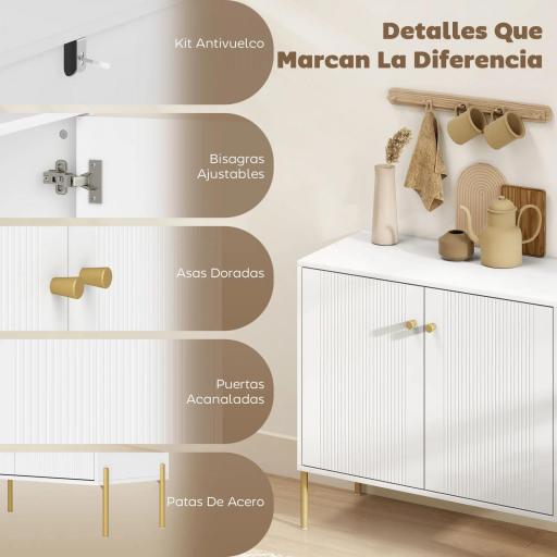 Aparador Moderno con 2 Puertas Estantes Ajustables Encimera con Efecto Mármol Patas de Acero Blanco 80x39,1x76 cm [3]