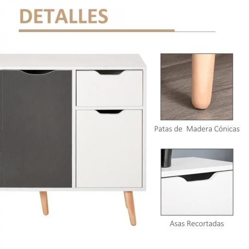 Aparador para Salón con 3 Puertas y Cajón Mueble Auxiliar para Salón Cocina Dormitorio 90x30x72 cm Blanco y Gris [4]