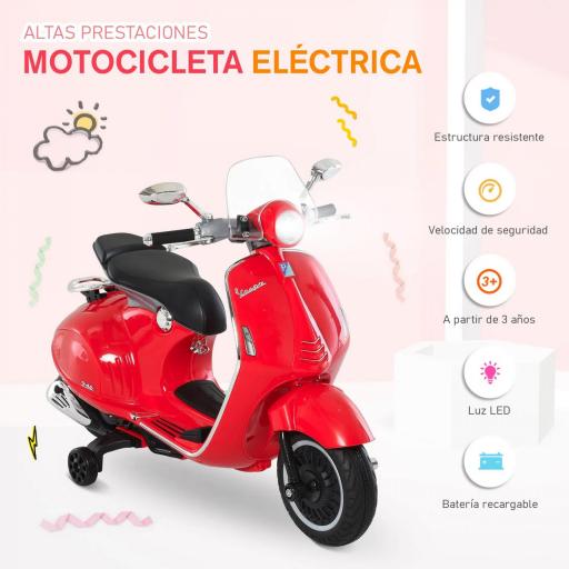 Moto de Batería Autorizada de VESPA con Faros Música 2 Ruedas Auxiliares 108x49x75 cm Rojo [8]