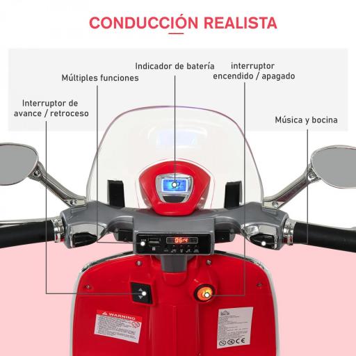 Moto de Batería Autorizada de VESPA con Faros Música 2 Ruedas Auxiliares 108x49x75 cm Rojo [1]