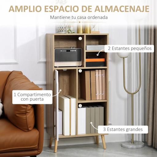Mueble Aparador Alto Armario Auxiliar de Salón con 5 Compartimentos y 1 Puerta Multiusos para Comedor Cocina Dormitorio 60x30x121 cm Roble y Blanco [6]