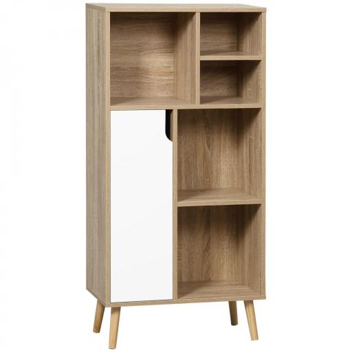 Mueble Aparador Alto Armario Auxiliar de Salón con 5 Compartimentos y 1 Puerta Multiusos para Comedor Cocina Dormitorio 60x30x121 cm Roble y Blanco [8]
