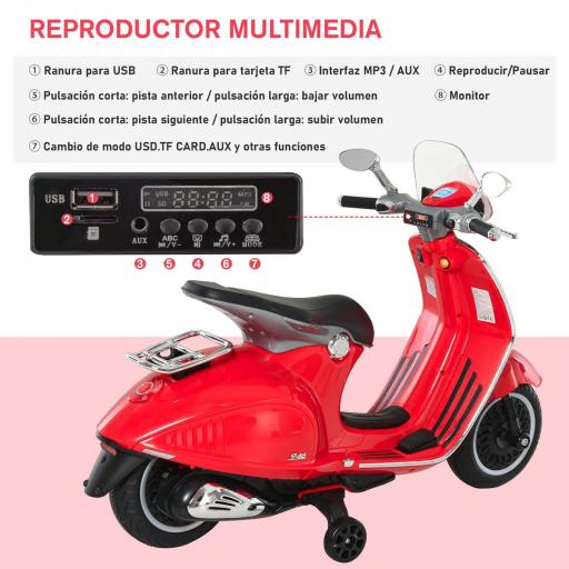 Moto de Batería Autorizada de VESPA con Faros Música 2 Ruedas Auxiliares 108x49x75 cm Rojo [9]