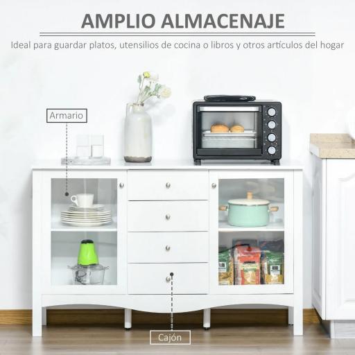 Aparador de Cocina Armario Buffet con 2 Puertas de Vidrio Estante Ajustable Interior y 4 Cajones Mueble Auxiliar para Comedor Salón 136x45x85 cm Blanco [2]