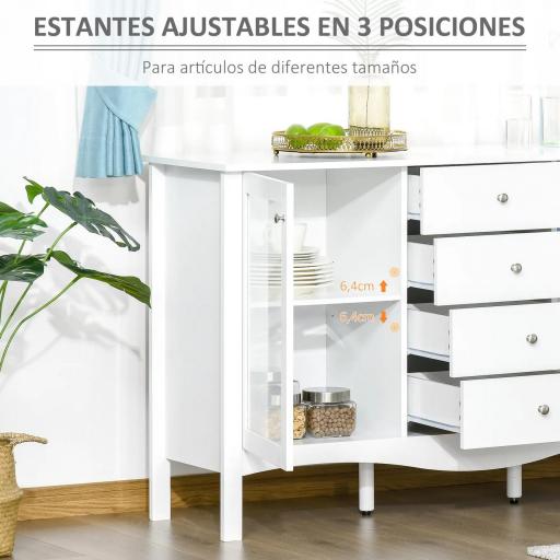 Aparador de Cocina Armario Buffet con 2 Puertas de Vidrio Estante Ajustable Interior y 4 Cajones Mueble Auxiliar para Comedor Salón 136x45x85 cm Blanco [4]