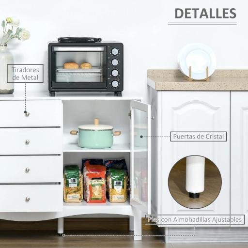Aparador de Cocina Armario Buffet con 2 Puertas de Vidrio Estante Ajustable Interior y 4 Cajones Mueble Auxiliar para Comedor Salón 136x45x85 cm Blanco [3]