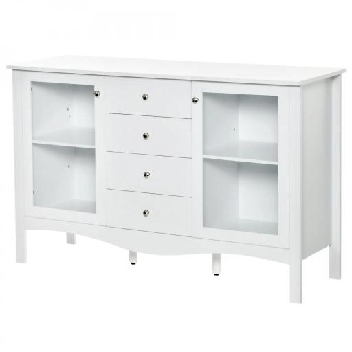 Aparador de Cocina Armario Buffet con 2 Puertas de Vidrio Estante Ajustable Interior y 4 Cajones Mueble Auxiliar para Comedor Salón 136x45x85 cm Blanco [9]