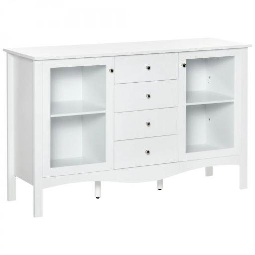 Aparador de Cocina Armario Buffet con 2 Puertas de Vidrio Estante Ajustable Interior y 4 Cajones Mueble Auxiliar para Comedor Salón 136x45x85 cm Blanco [8]