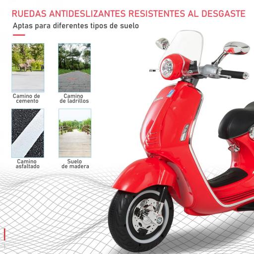 Moto de Batería Autorizada de VESPA con Faros Música 2 Ruedas Auxiliares 108x49x75 cm Rojo [6]