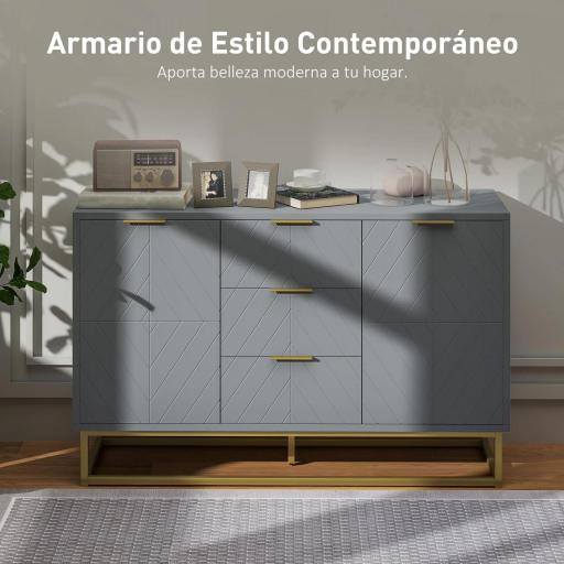 Aparador para Salón con 3 Cajones 2 Puertas y Estante Ajustable Mueble Auxiliar para Salón Antivuelco 120x40x76 cm Gris [2]