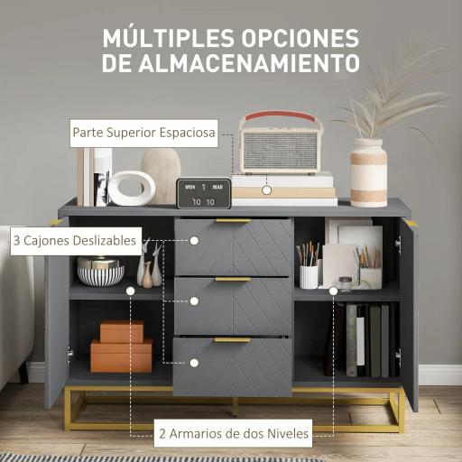 Aparador para Salón con 3 Cajones 2 Puertas y Estante Ajustable Mueble Auxiliar para Salón Antivuelco 120x40x76 cm Gris [4]