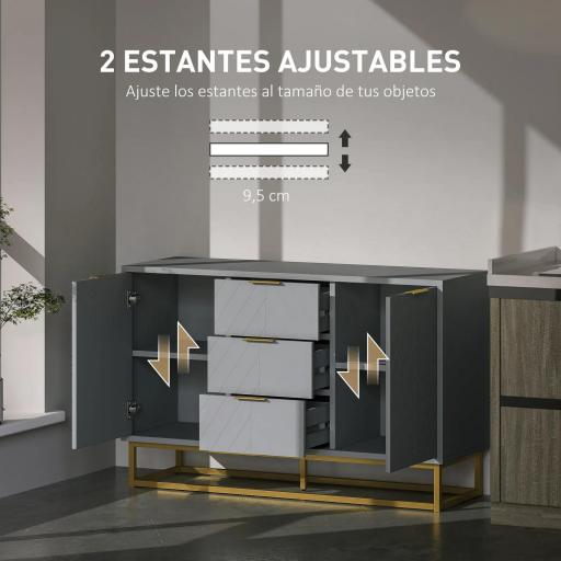 Aparador para Salón con 3 Cajones 2 Puertas y Estante Ajustable Mueble Auxiliar para Salón Antivuelco 120x40x76 cm Gris [5]