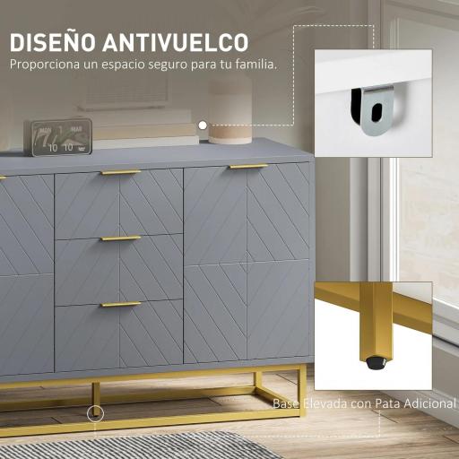 Aparador para Salón con 3 Cajones 2 Puertas y Estante Ajustable Mueble Auxiliar para Salón Antivuelco 120x40x76 cm Gris [3]