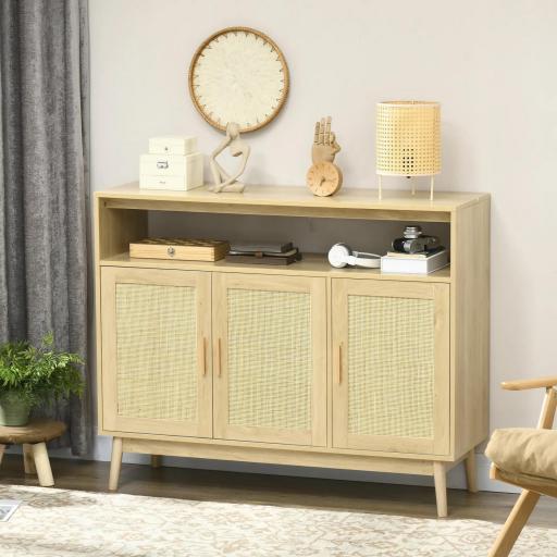 Aparador de Estilo Cannage Mueble Buffet Auxiliar con Puertas de Rejilla y Patas de Madera 120x40x97cm Natural
