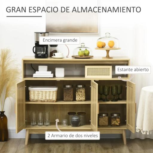 Aparador de Estilo Cannage Mueble Buffet Auxiliar con Puertas de Rejilla y Patas de Madera 120x40x97cm Natural [2]