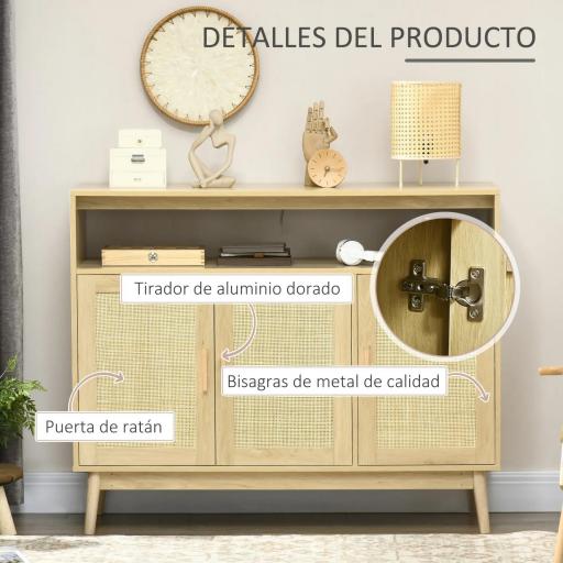 Aparador de Estilo Cannage Mueble Buffet Auxiliar con Puertas de Rejilla y Patas de Madera 120x40x97cm Natural [4]