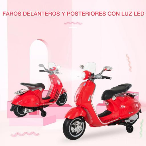 Moto de Batería Autorizada de VESPA con Faros Música 2 Ruedas Auxiliares 108x49x75 cm Rojo [7]