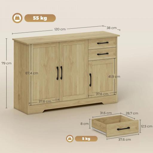 Aparador para Salón Moderno con 3 Puertas 2 Cajones Estante Ajustable para Comedor Entrada 120x38x79 cm Natural [1]